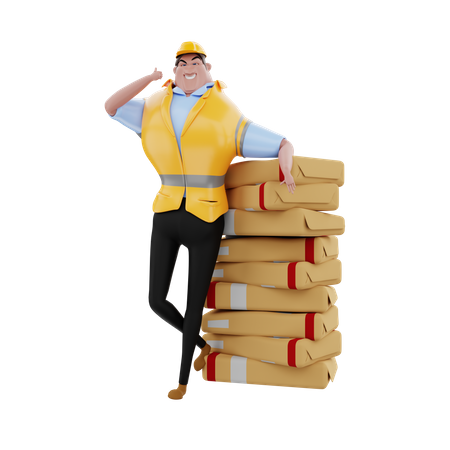 Engineer standing with piles of goods  3D Illustration