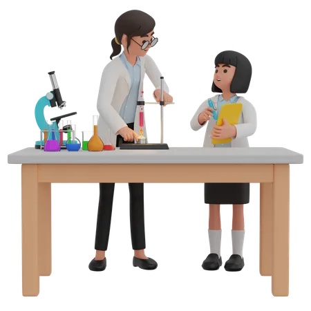 Une enseignante et une fille enregistrent les résultats d'une expérience  3D Illustration