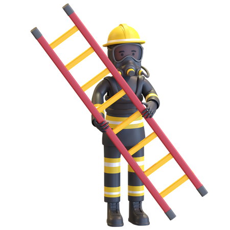 Proteção completa de equipamento de bombeiro segurando escada  3D Illustration