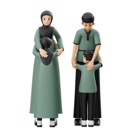 Familia musulmana abrazándose el día del Eid  3D Illustration