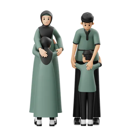 Familia musulmana abrazándose el día del Eid  3D Illustration