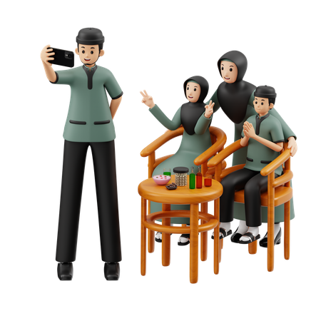 Familia musulmana tomándose selfie en Eid  3D Illustration