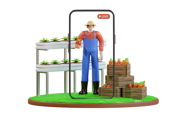 Farmer live streaming at farm  3D Illustration