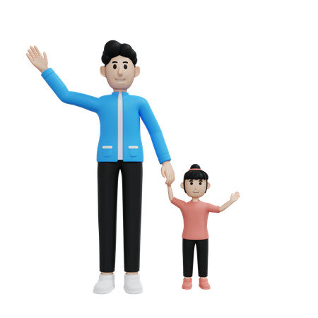 Father And Daughter Say Hi  3D Illustration