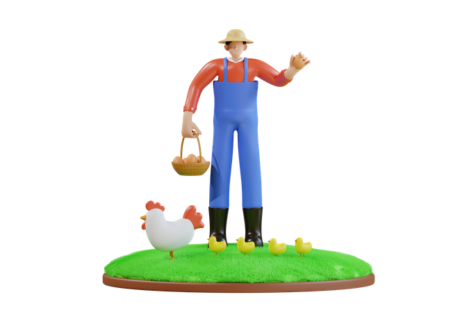 Agricultor coletando ovos de galinha  3D Illustration