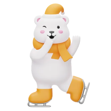 Urso polar feliz usando patins de inverno  3D Illustration