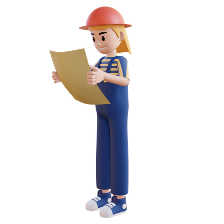 Female Construction worker watching at building map  3D Illustration