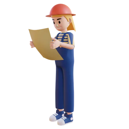 Female Construction worker watching at building map  3D Illustration