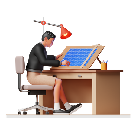 Female engineer working on Blueprint  3D Illustration