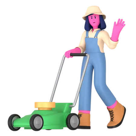 Female farmer cutting lawn using Lawn Mower  3D Illustration