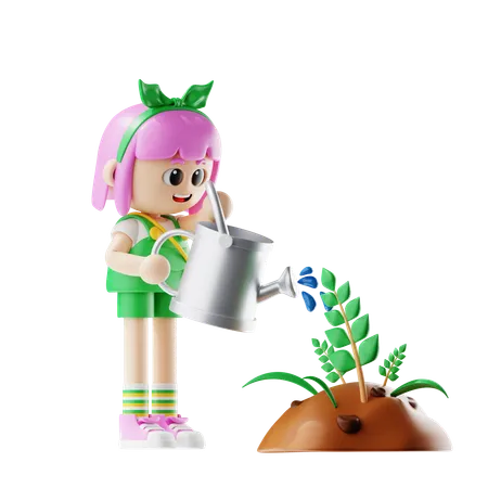 Female Farmer Give Water to Plants  3D Illustration