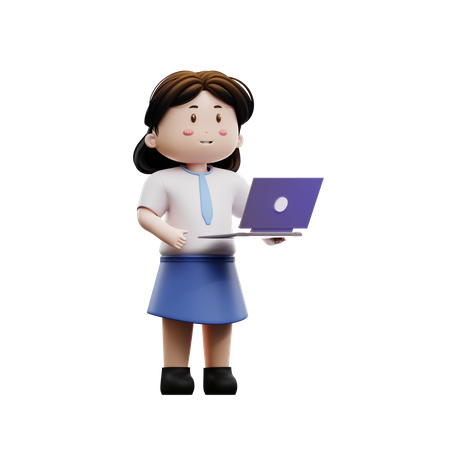 Female student playing laptop  3D Illustration