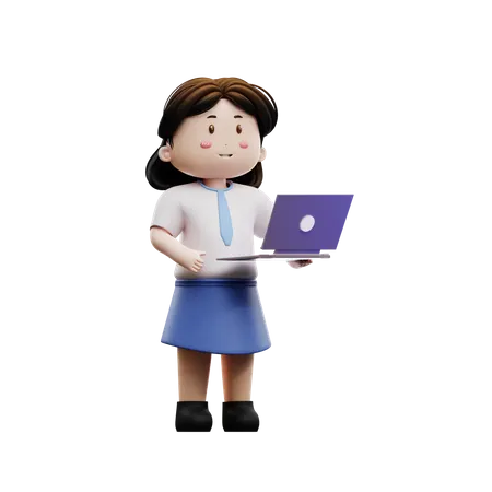 Female student playing laptop  3D Illustration