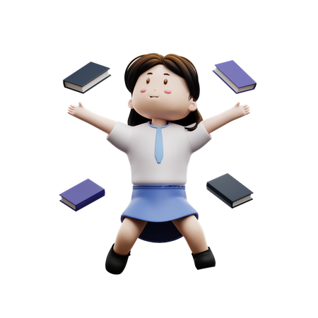 Female student with flying books  3D Illustration