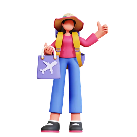 Female Tourist Is Carrying Shopping Bag In Airplane  3D Illustration