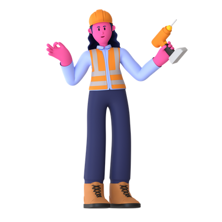 Female Worker Holding Drill Machine  3D Illustration