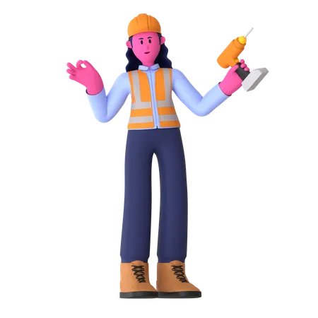 Female Worker Holding Drill Machine  3D Illustration