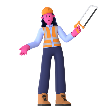 Female Worker Holding Hacksaw  3D Illustration