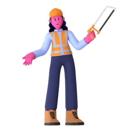 Female Worker Holding Hacksaw  3D Illustration