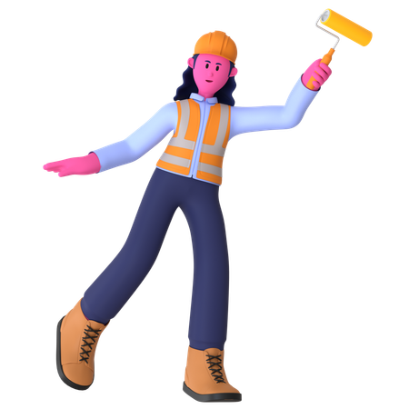 Female Worker Holding Paint Roller  3D Illustration