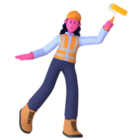 Female Worker Holding Paint Roller  3D Illustration