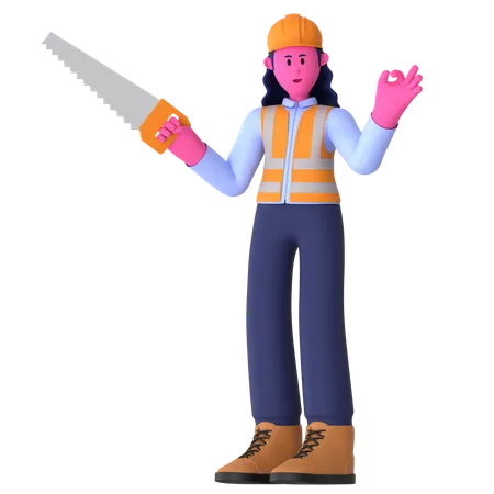 Female Worker Holding Saw  3D Illustration