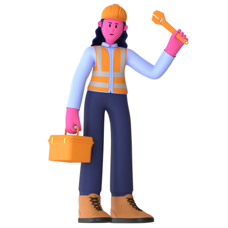 Female Worker Holding Tool Box  3D Illustration