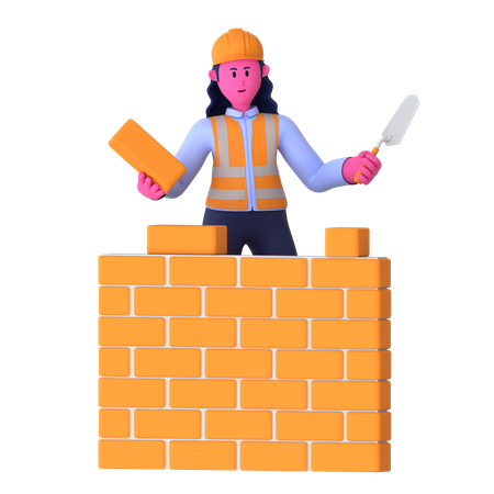 Female Worker Making Brick Wall  3D Illustration