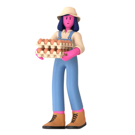 Agricultora segurando bandeja de ovos  3D Illustration