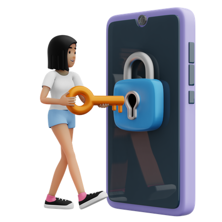 Fille avec mobile sécurisé  3D Illustration