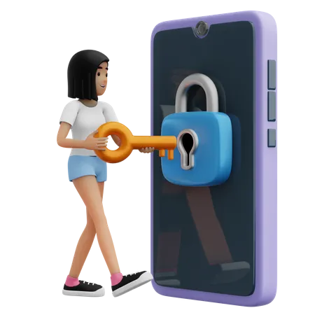 Fille avec mobile sécurisé  3D Illustration