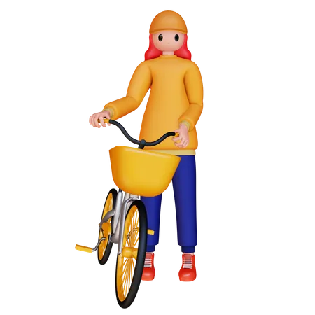 Fille tenant un vélo  3D Illustration