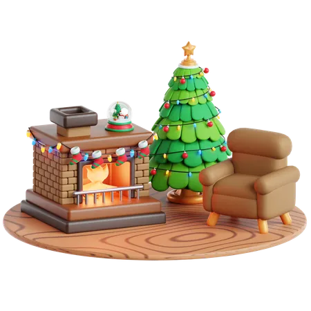 Fireplace, Sofa and Christmas Tree  3D Icon