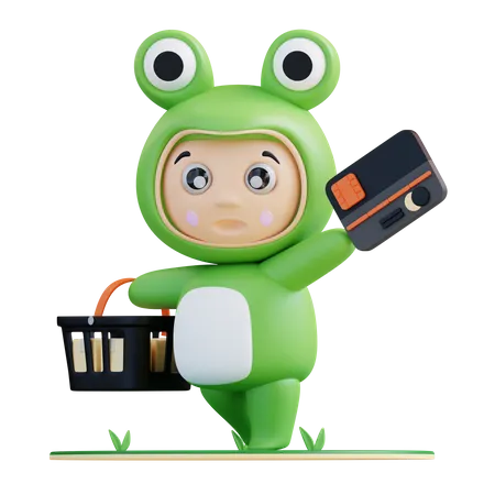 Frogie pagando com cartão para fazer compras  3D Illustration