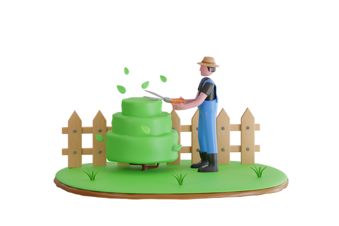 Gardener Trim Trees In Garden  3D Illustration