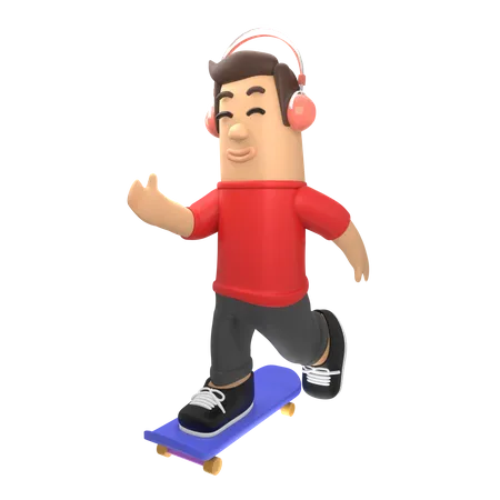 Menino andando de skate enquanto ouve música  3D Illustration