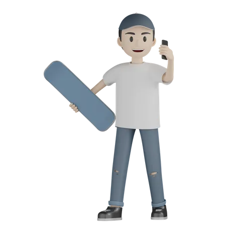 Menino falando ao telefone enquanto segura o skate  3D Illustration