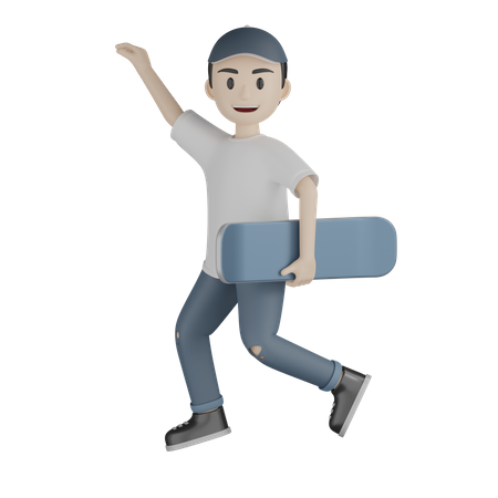 Menino feliz pulando enquanto segura o skate  3D Illustration