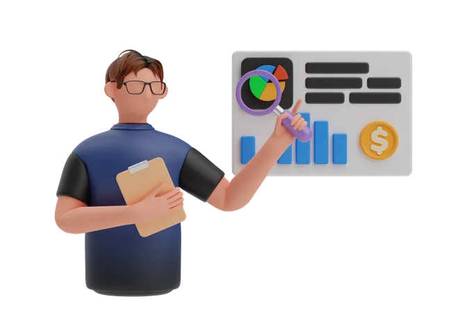 Geschäftsmann analysiert Finanzbericht  3D Illustration