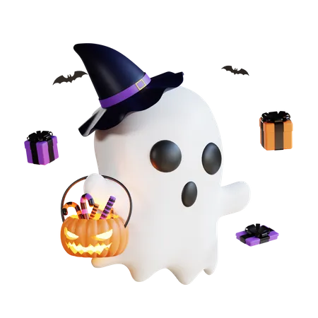 Ghost with Halloween chocolates  3D Illustration