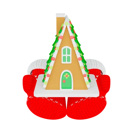 Gingerbread house in knitted Mittens  3D Illustration