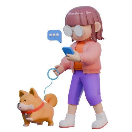 Girl Go For Walk With Dog  3D Illustration