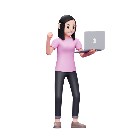 Girl holding laptop and celebrating success  3D Illustration