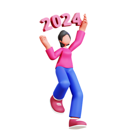 Girl Holding New Year 2024 Number  3D Illustration