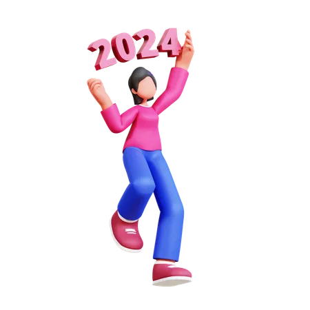 Girl Holding New Year 2024 Number  3D Illustration