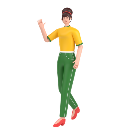 Girl in walking pose and doing waving hand say hello  3D Illustration