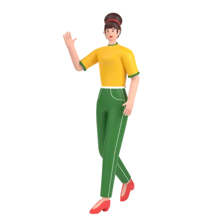 Girl in walking pose and doing waving hand say hello  3D Illustration