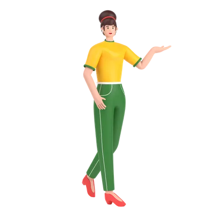 Girl showing empty copy space on open hand palm  3D Illustration