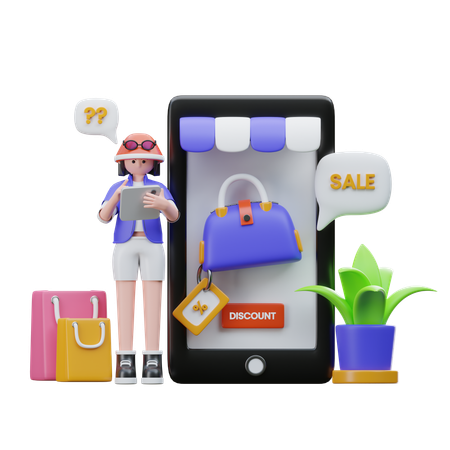 Girl showing online Ecommerce discount  3D Illustration