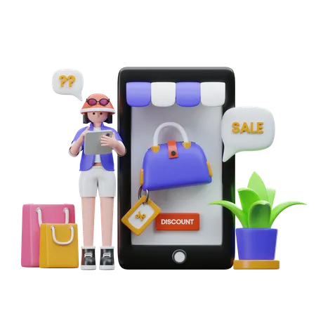 Girl showing online Ecommerce discount  3D Illustration